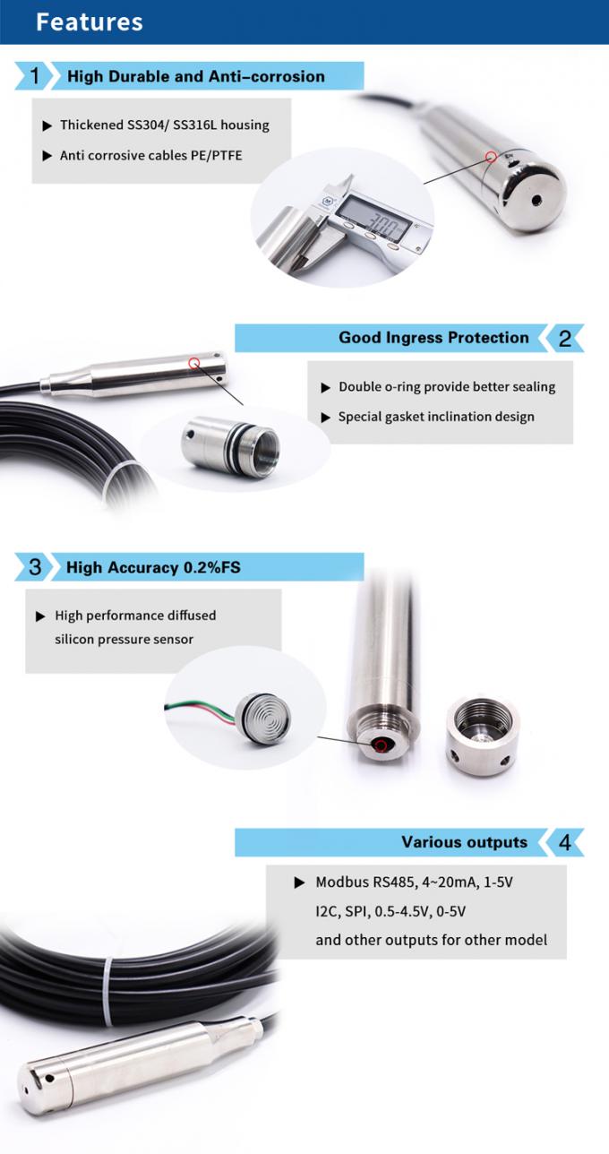 아두이노를 위한 IP66 /67 4-20mA 하트 유동적 수위 감지부